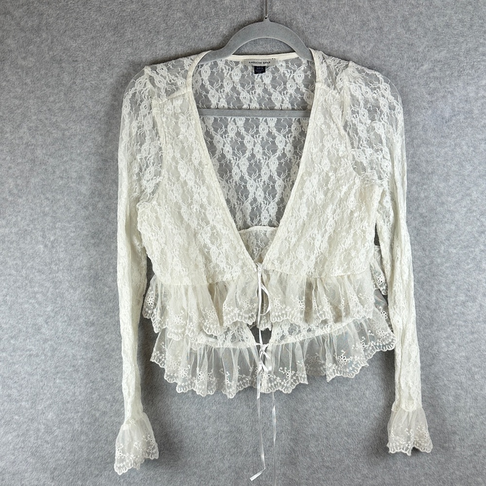 American Eagle Outfitters Ivory Lace Ruffle Tie-Front Blouse Women's Size Small